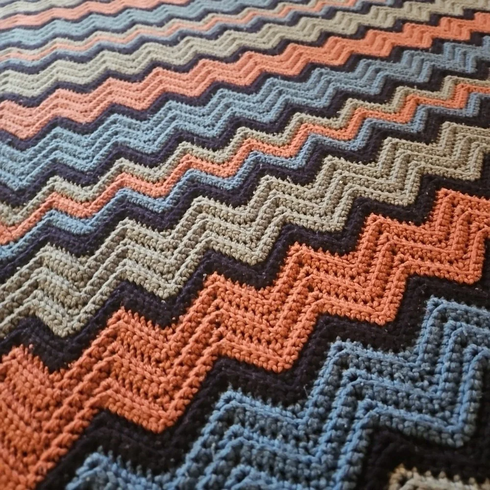 Vintage Handmade Chevron Crochet Blanket Blue Pink 1970s Afghan 95